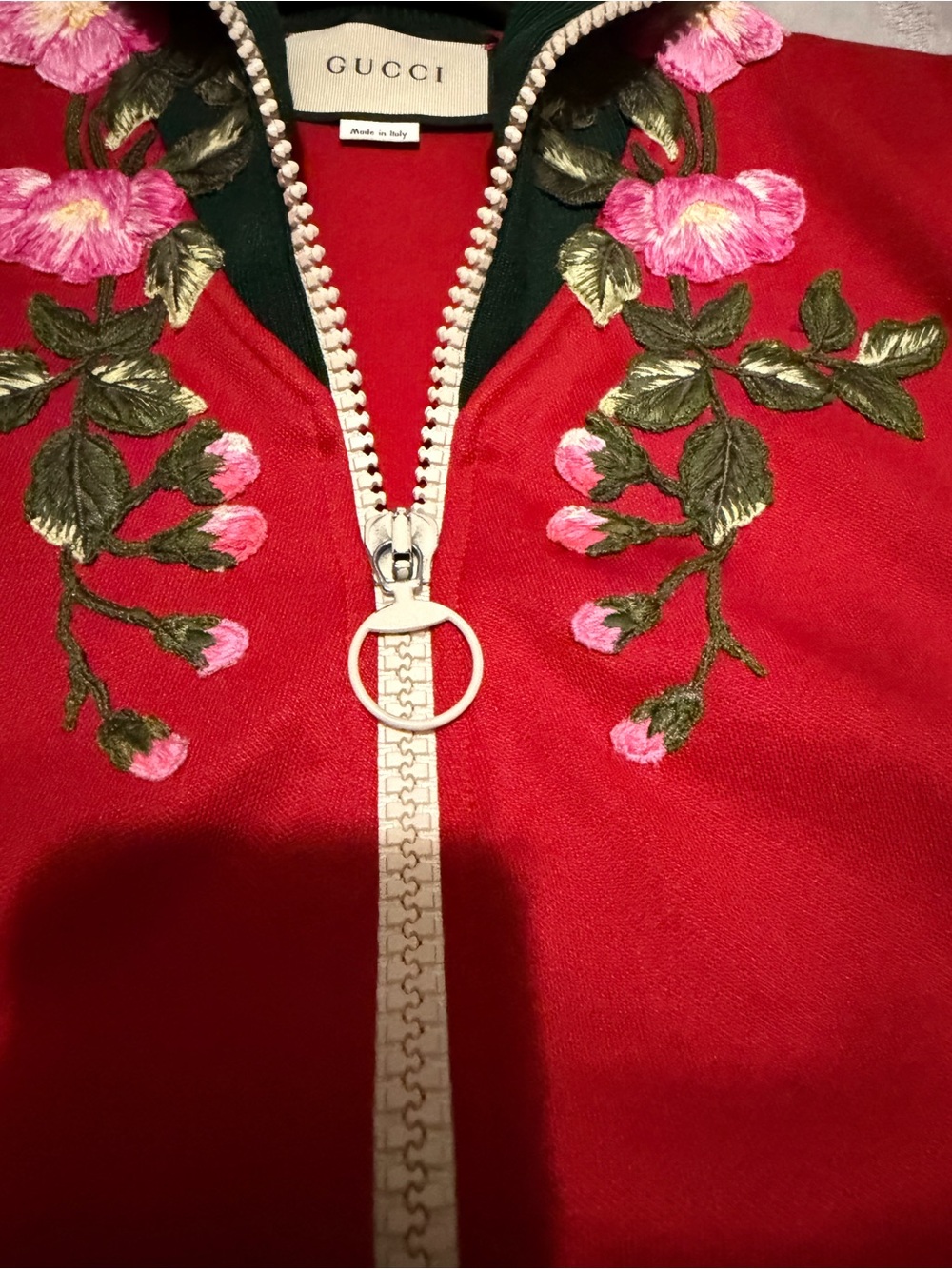 Gucci Red Embroidered Ruffle-Shoulder Bomber Jacket - Picture 10 of 11